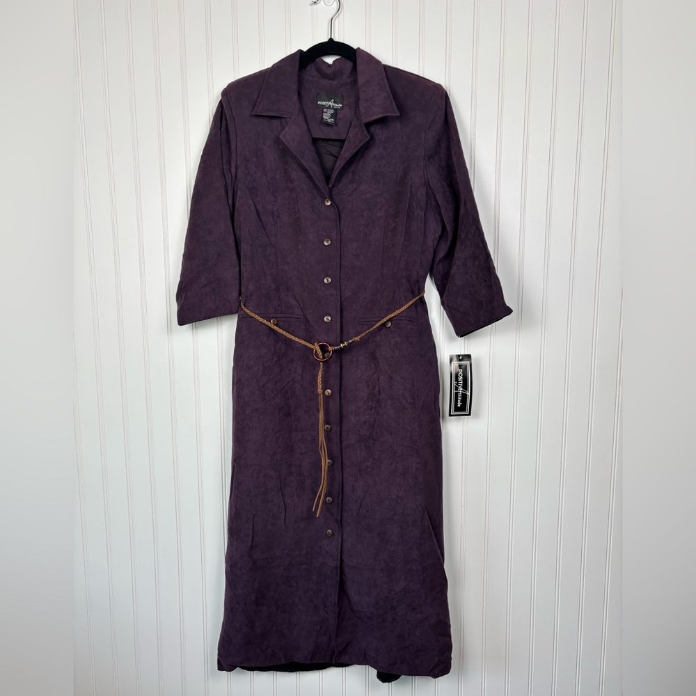 NWT Positive Attitude Eggplant Purple Button Front Suede Dress Belted Womens 12P